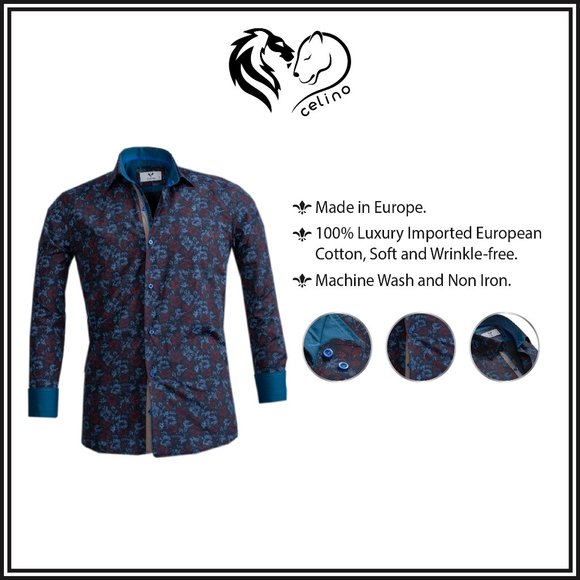 Blue Red Floral Mens Slim Fit Designer Dress Shirt - Picture 1 of 5